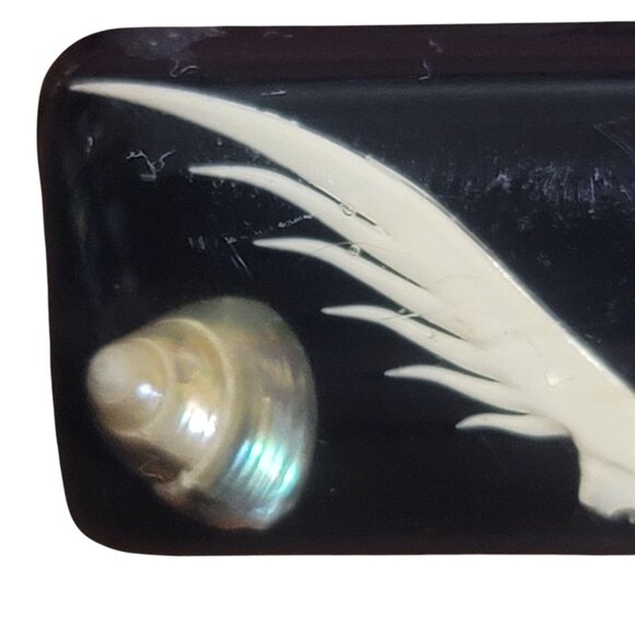 Vintage Black Lacquer Gold Tie Clip Shell Mother of Pearl Feather Inlay Design - Picture 2 of 10